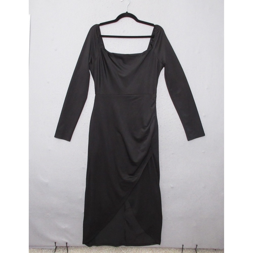 Altard State Dress Women XL Black Midi Bodycon Square Neck Slit Long Sleeve